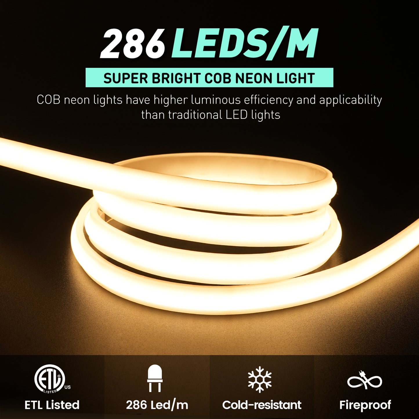 120V ETL Listed COB Neon Rope Lights Super Bright 2800K Warm White 286LEDs/M