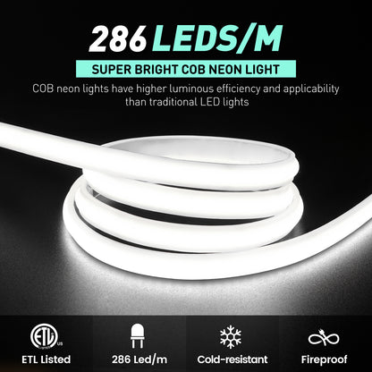 120V ETL Listed COB Neon Rope Lights Super Bright 6000K Cool White 286LEDs/M