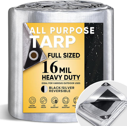 16 Mil Waterproof Tarp Heavy Duty Tarp Thick Tarp Silver&Black