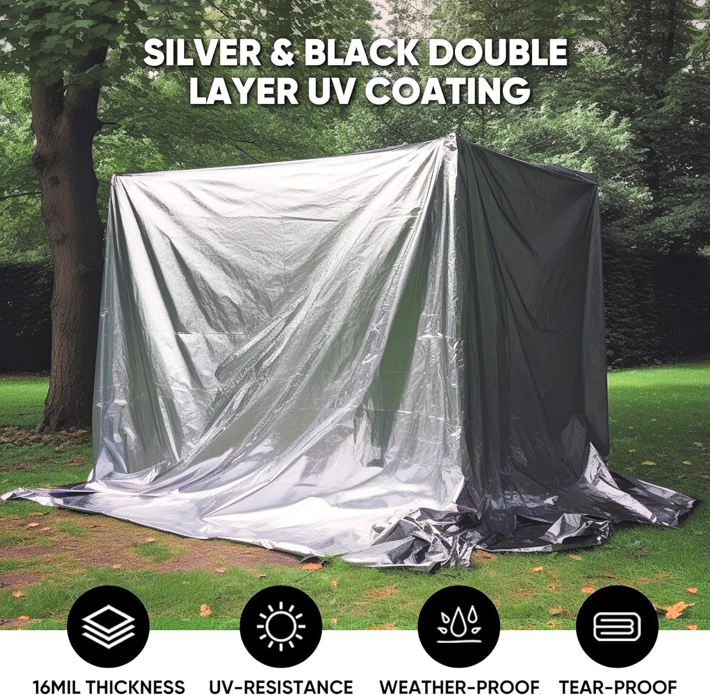 16Mil Waterproof Tarp Heavy Duty Tarp Thick Silver&Black&Brown