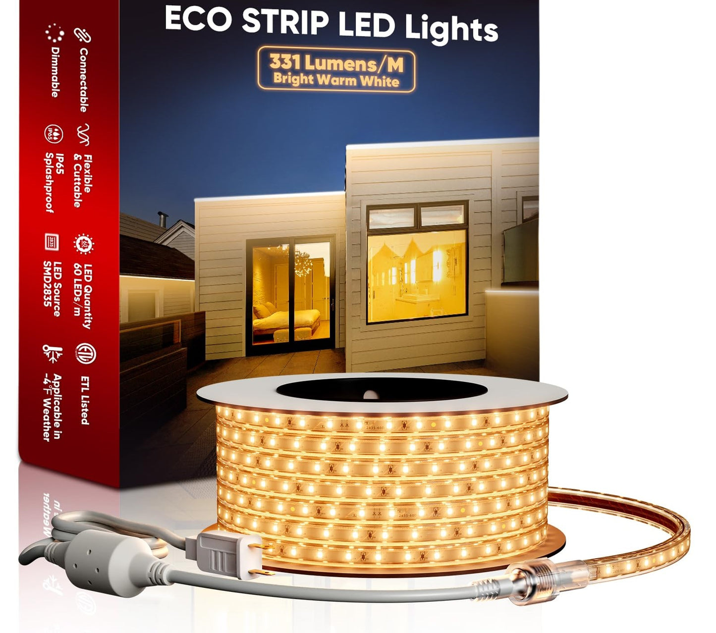 120V ECO LED Strip Lights, Cold-Resistant Waterproof 331 LMNs/M 82FT