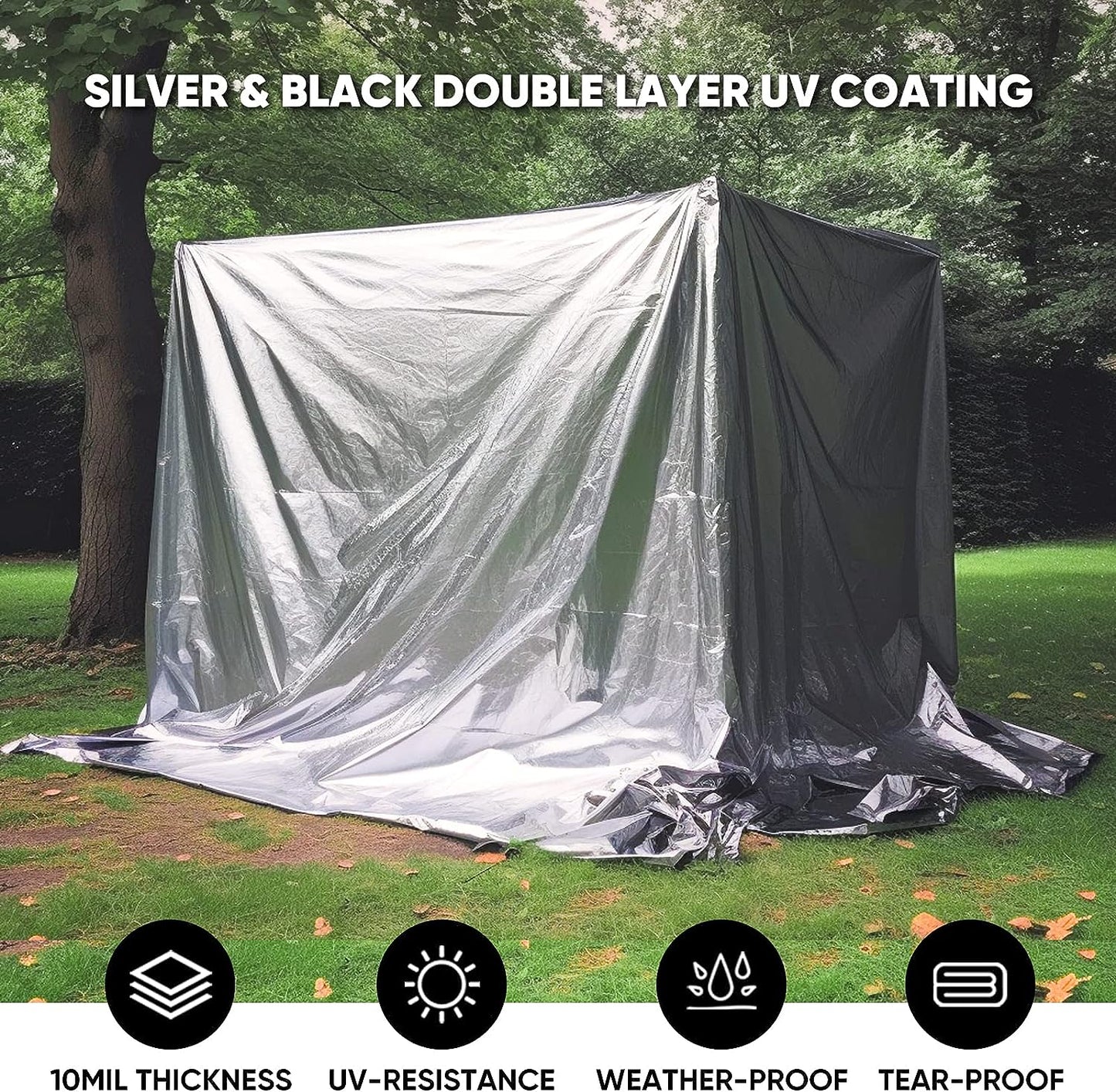 10 Mil Heavy Duty Waterproof Tarp Thick Silver&Black Plastic Large Tarpaulin Cover